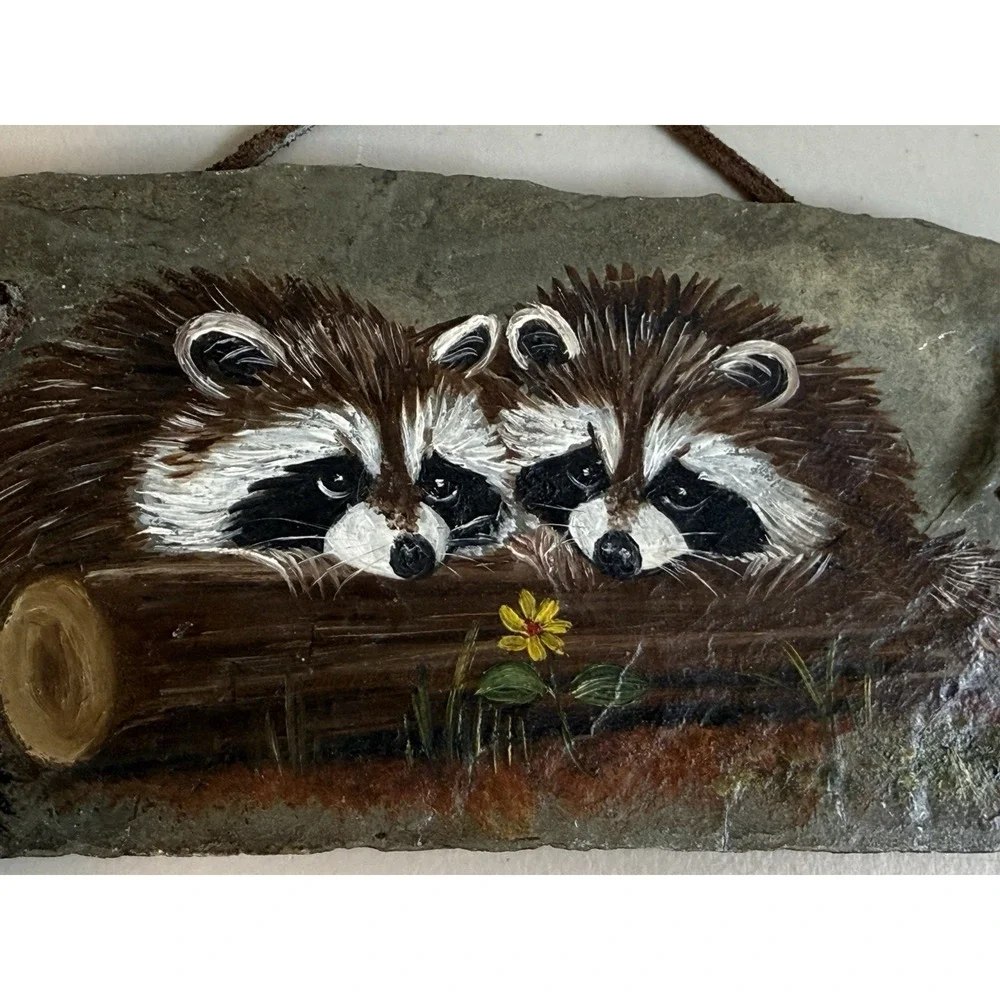 Vintage Mary Beth Alexander Raccoon Painted Slate Stone Wildlife Wall Art Plaque